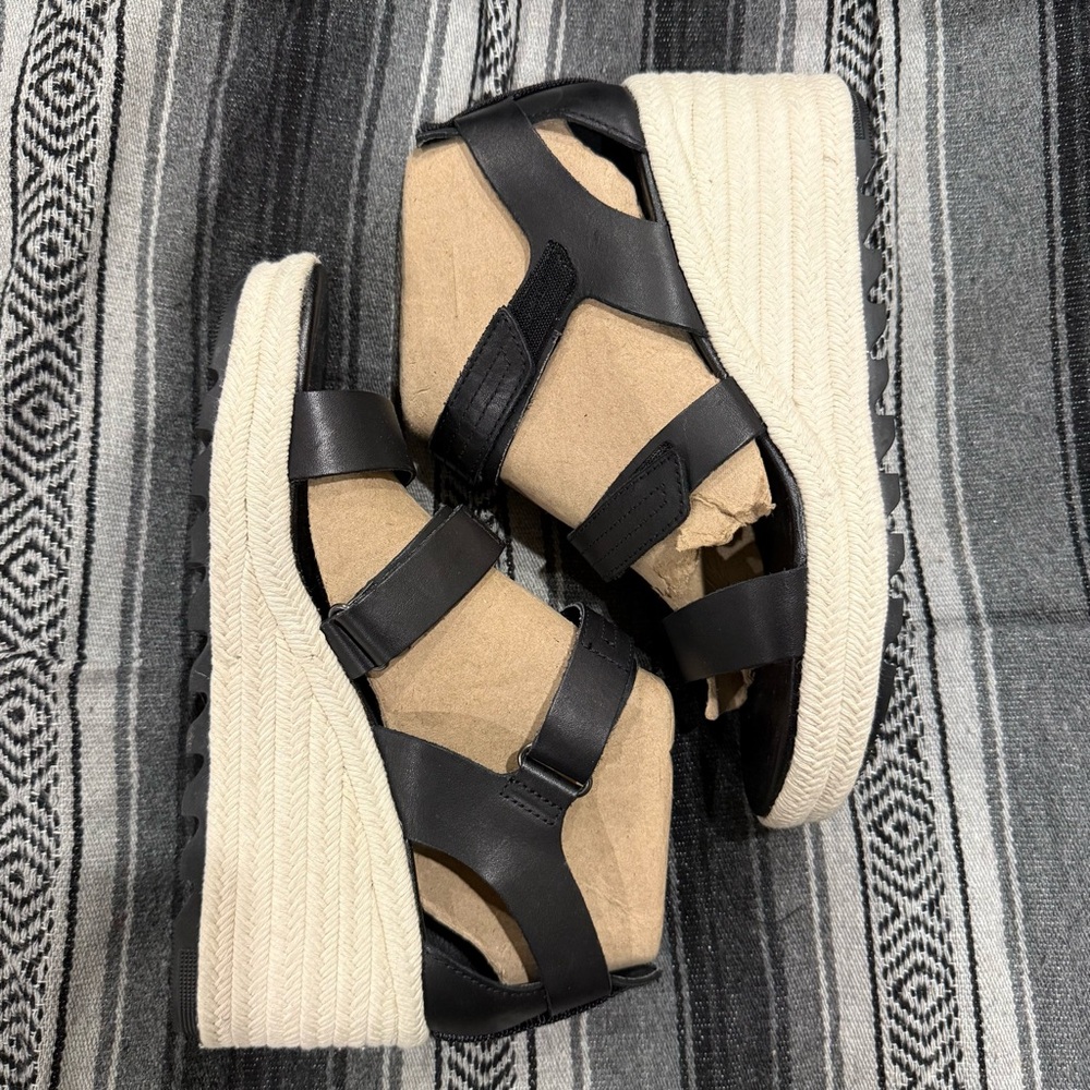 Sorel Black Leather Espadrille Wedge Sandals with Cream Rope Sole - Picture 3 of 11